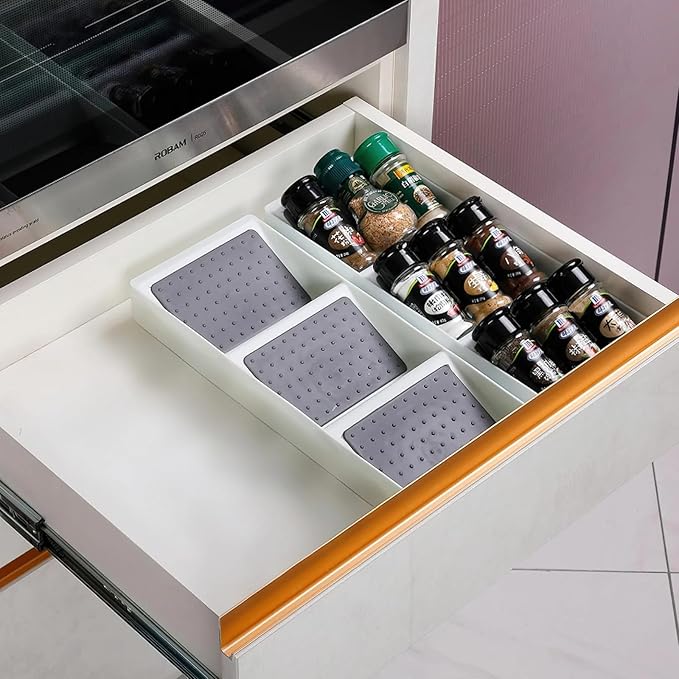 Spice Drawer Organizer,3 Tier Non-Slip Silicone Seasoning Jar Drawer Insert,Spice Rack Organization for Drawer,Spice jar holder for drawer,Kitchen Spice Rack Tray for Cabinet Countertop Makeup Storage