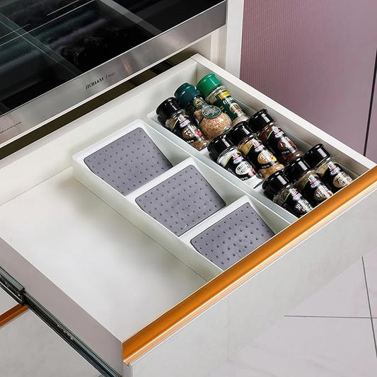 Spice Drawer Organizer,3 Tier Non-Slip Silicone Seasoning Jar Drawer Insert,Spice Rack Organization for Drawer,Spice jar holder for drawer,Kitchen Spice Rack Tray for Cabinet Countertop Makeup Storage