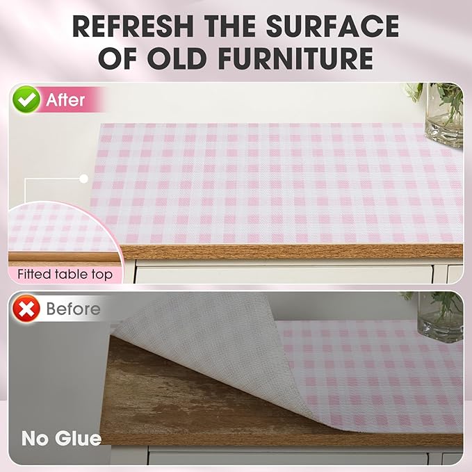 Drawer and Shelf Liner, Non-Slip Kitchen Cabinet Liners Non-Adhesive Thick Strong Grip Waterproof Washable Mats Protect Dresser Shelves Cupboard Bathroom Cabinets, Pink Plaid, 12 in X 10 FT