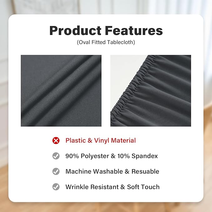 NEWISHER Fitted Oval Tablecloth 42 x 60 Inch Elastic Table Cloth, Stretch Spandex Table Cover Grey Washable Polyester Top Cap Cover for Dining Picnic Camping Indoor and Outdoor