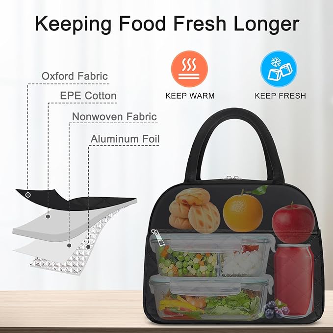 KUBYA Lunch Bag Lunch Box for Women Men Insulated Reusable Large Lunch Tote Bag Adult Leakproof Simple Cooler Bag for Office Work Picnic Beach or Travel, Black