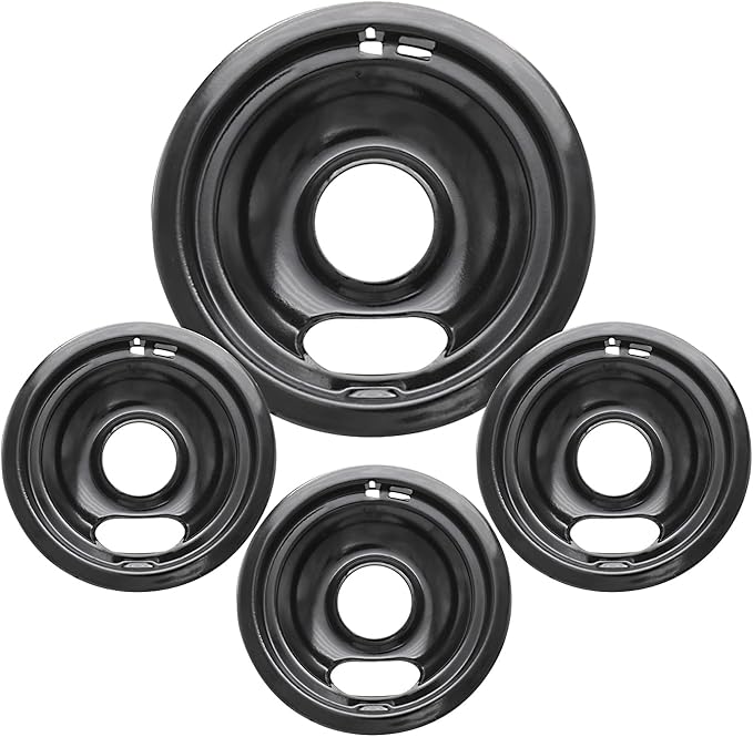 4 Pack Black Drip Pans, Compatible with Whirpool Kenmore Frigirate Stove Top Drip Bowls. Include 3 Pcs 6'' Range Replacement Drip Pans and 1 Pcs 8 '' Cooktop Drip Pans