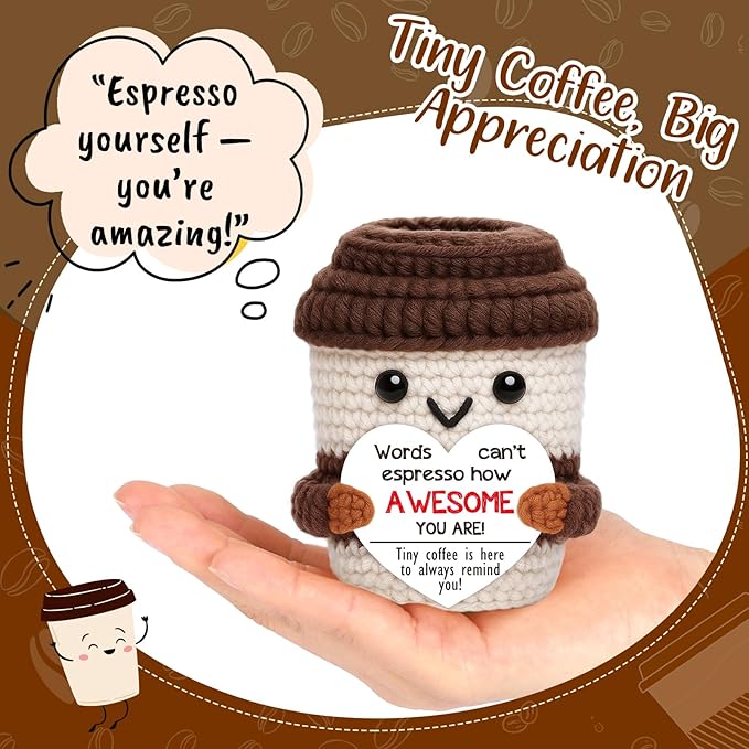 OCCdesign Mini Birthday Inspirational Gifts for Women Men Cheer Up Support Handmade Crochet Coffee Gift for Coworkers Friend Teachers Nurses Stress Relief Mental Health Self Care Office Gift