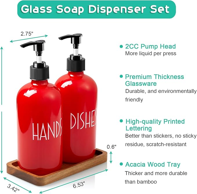 ALELION Dish Soap Dispenser for Kitchen - 16 OZ Glass Hand Soap Dispenser Set with Acacia Wood Tray - Red Kitchen Bathroom Decor and Accessories