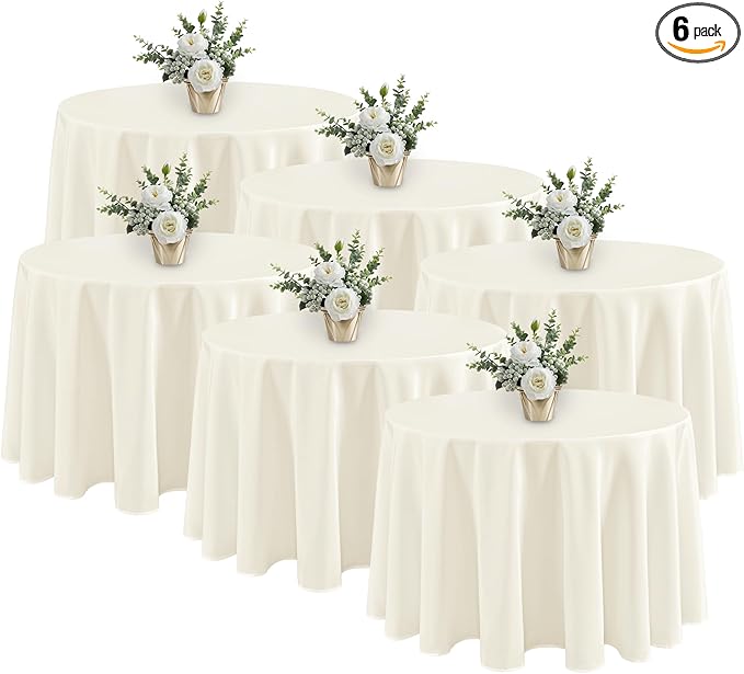 Fitable 6 Pack Ivory Tablecloths for Round Tables-108 Inches in Diameter-Stain Resistant and Washable Table Clothes,Polyester Fabric Covers Wedding,Party,Banquet,Formal Events (130g-QW6P-108Ivory)