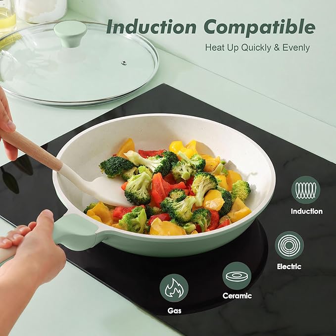 SENSARTE Nonstick Ceramic Frying Pan with Lid 11 Inch Omelet Pan Skillet, Free of Intentionally Added PFAS/PTFE Non-toxic Chef's Pan Induction Compatible Pan, Heat Resistant Handle, Mint Green