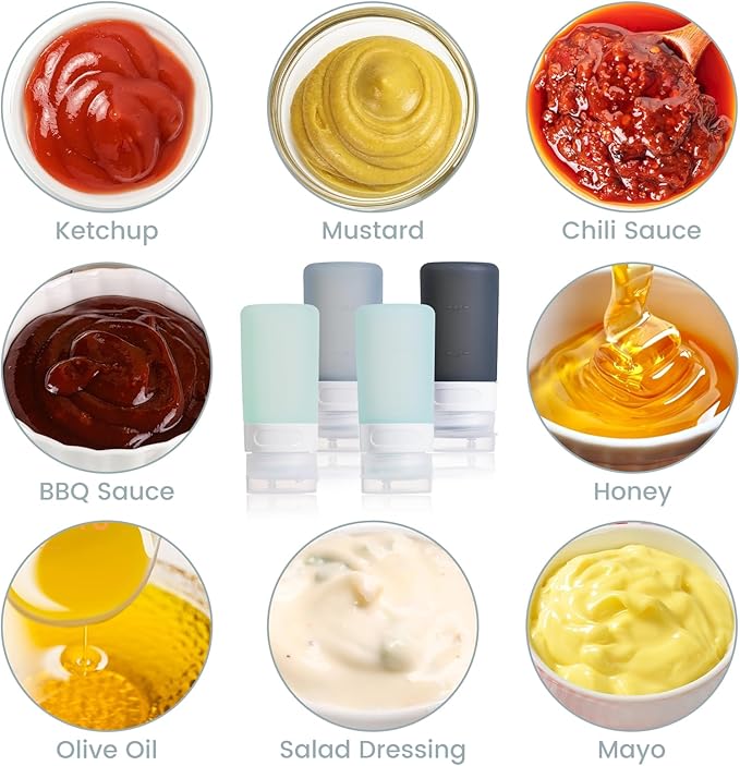 MICEBAY Condiment Squeeze Bottles for Sauces, 2-oz Mini Silicone Salad Dressing Container to Go with Reusable Sandwich Bag, Leakproof Ketchup Bottle for Bento Lunch Box, 4 Pack, Gray