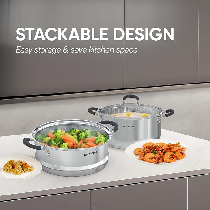SUNHOUSE Stainless Steel Steamer Pot for Cooking - 3.1 QT Steaming Pot with Glass Lid & Steamer Basket - 2 Tier Tri-ply Vegetable Steamer with Stay-Cool Silicone Handles - Induction Compatible