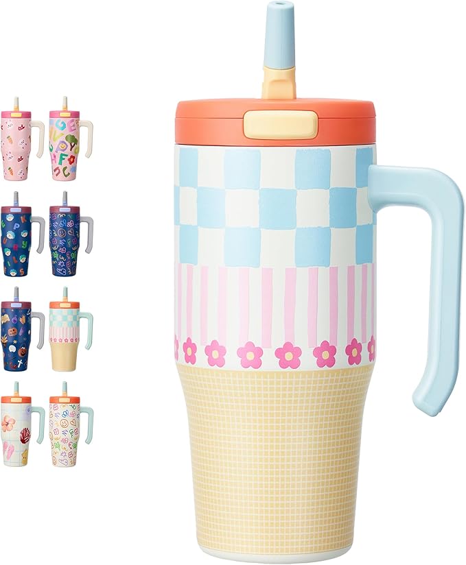 Fijinhom 25 oz Insulated Tumbler with Handle, Stainless Steel Insulated Water Bottle Coffee Mug with Straw, Coffee Cups, Cute Water Bottle for Sports, Travel, Lunch, Checkered Petal
