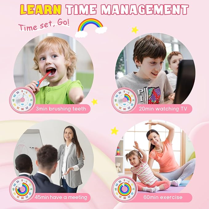 HIPPIH Visual Timer for Kids, 60 Minute Countdown Timers for Classroom Kitchen Office, Rainbow Disk Desk Timer Clock with Silent Operation, Pomodoro Timer Time Management Tools for Toddler ADHD Pink