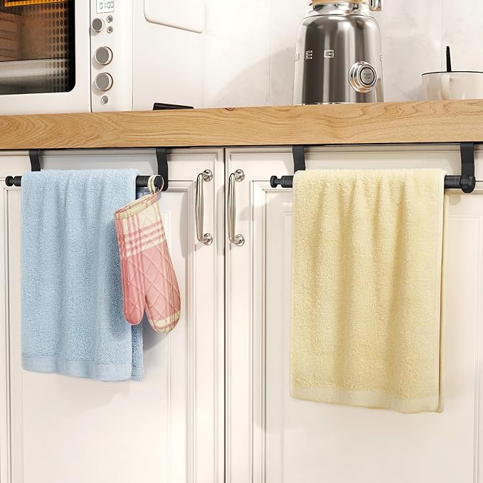 Over Cabinet Towel Holder, Stainless Steel Over The Cabinet Towel Rack Bars for Kitchen Cabinet Doors, Dish Towel Holder with Hooks, 2 Pack (Black)