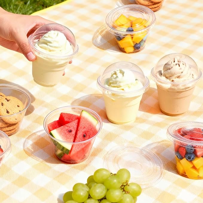 Lamosi 200 Pack 9 oz Clear Plastic Cups with Lids, Clear Disposable Cups with Flat Lids No Hole for Fruit, Snack, Pudding, Cold To Go Drinks or Milkshake