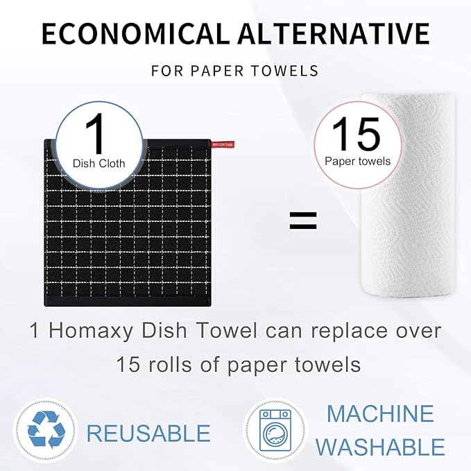 Homaxy 100% Cotton Terry Kitchen Dish Cloths, Ultra Soft and Absorbent Dish Towels for Kitchen, Suitable for Drying and Washing Dishes, 24 Pack, 12 x 12 Inches, Black