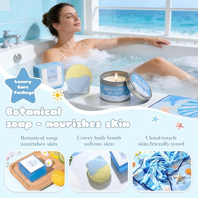 Ocean Gift Baskets for Women, Blue Self Care Spa Gift Set with 40oz Tumbler, Birthday Gift for Women Her Mom Wife Friend, Get Well Soon Gifts, Relaxation Gift Care Package for Women