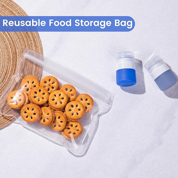 MICEBAY Condiment Squeeze Bottles for Sauces, 1-oz Mini Silicone Salad Dressing Container to Go with Snack Storage Bag, Leakproof Sauce Bottles for Lunch Box, 4 Pack, Blue