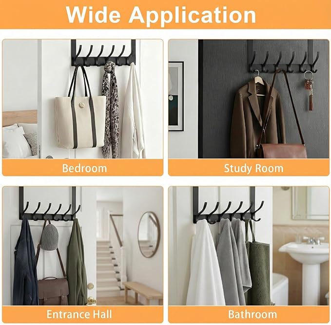 2 Pack Large Over The Door Hooks, Sturdy Door Hanger with 12 Hooks, Door Towel Rack for Bathroom, Bedroom, Kitchen, Coat Rack for Hanging, Easy to Install (Black)