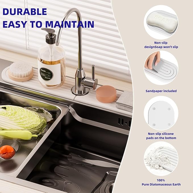 PEKER Faucet Mat for Kitchen Sink 19.7" – Diatomite Fast Drying Stone Sink Tray, Super Absorbent Faucet Splash Guard for Bathroom Counter, Sink Drip Catcher & Organizer