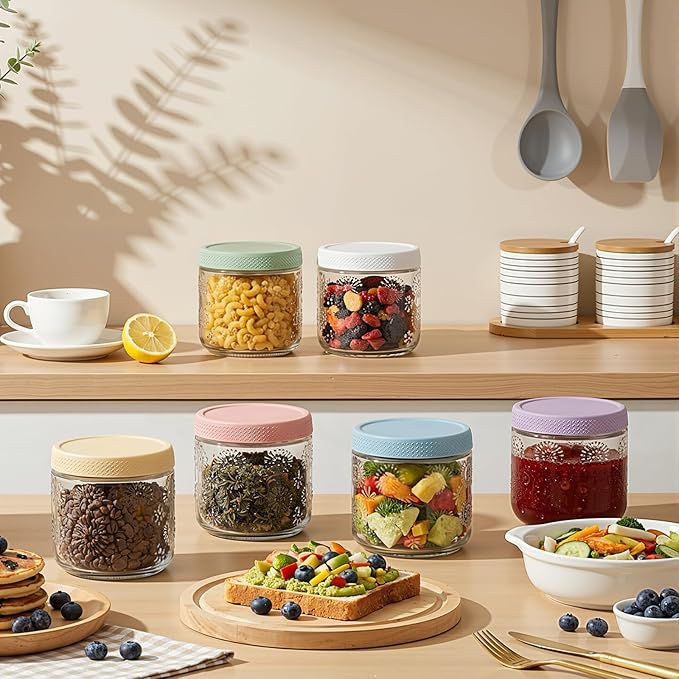 6 pack 16 oz Overnight Oats Containers with Lids, Glass Food Storage Container, Airtight Salad Jars, Mason Jars for Overnight Oats, Yogurt, Oatmeal, Salad, Coffee, Spices