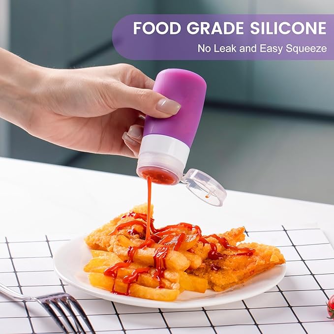 MICEBAY Condiment Squeeze Bottles for Sauces, 2-oz Mini Silicone Salad Dressing Container to Go with Snack Storage Bag, Leakproof Sauce Bottles for Lunch Box, 4 Pack, Purple