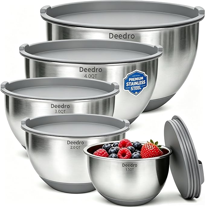 Deedro Premium Mixing Bowls with Airtight Lids Set, 22Pcs Thicker Stainless Steel Mixing Bowl Set, Large Prep Metal Bowls, Non-Slip Silicone Base Nesting Bowls for Kitchen, 1.5/2/3/4/5 QT, Gray