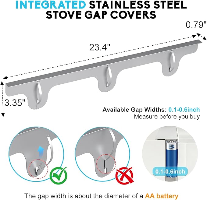 Stove Gap Covers - 304 Stainless Steel Oven Side Gap Filler, 2 Pack Stove Gap Filler - Length 23.4" Width 0.79", Spring Clip Design Fitting Gap Strong Guard Between Stove Top & Counter - Silver