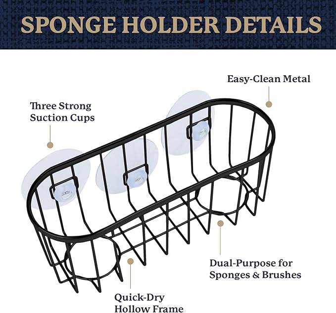 Best Brands Farberware Sponge Holder for Kitchen Sink—Brushed Metal Sink Caddy Organizer with Triple Suction Cups, Kitchen Organizer for Sponges, Brushes, Soap & Cleaning Essentials