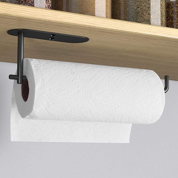 VAEHOLD Self Adhesive Paper Towel Holder Under Cabinet Mount, Wall Mounted Paper Towel Roll Holder for Kitchen, Bathroom, Wall - SUS304 Stainless Steel (Black)