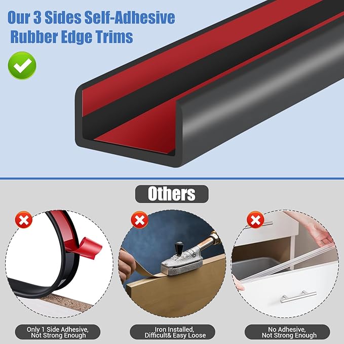 Rubber Edge Trim, 2 inches Self-Adhesive U Channel Edge Protector for Woods, Flexible U Shaped Peel and Stick Edge Banding, Furniture Edge Guard, Fit 2"(50mm), 10Ft, Black