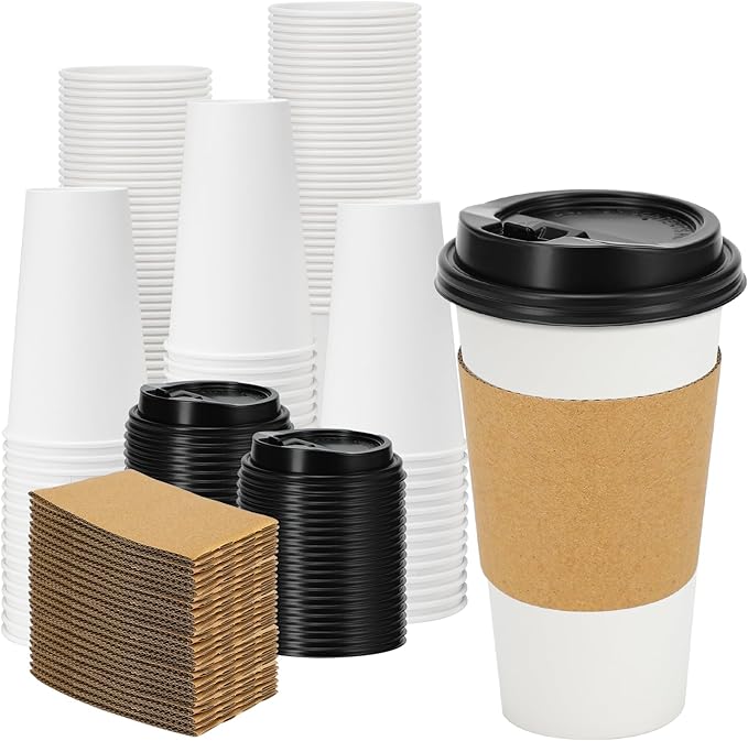 Lamosi 50 Pack 20 oz Disposable Coffee Cups with Lids and Sleeves, White To Go Leak-Proof Paper Cups for Picnics, Parties, Travel, Offices and Coffee Bar Supplies