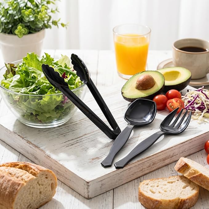 Mwellewm 18Pcs Serving Utensils, 8.5'' Plastic Serving Utensils Set, Disposable Serving Spoons for Buffet, Large Serving Tongs for Food Heavy Duty Party Supplies for Salad Soup Cooking Catering(Black)