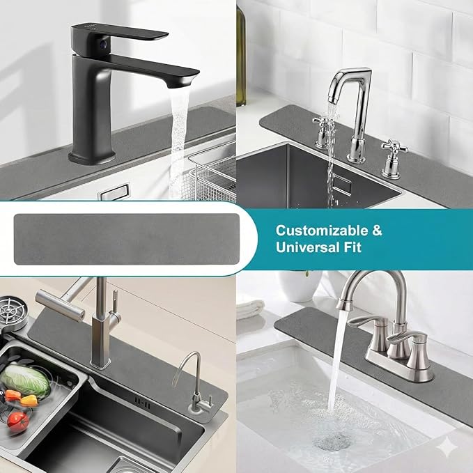 Customizable Faucet Mat for Kitchen Sink: 30"L x 5.5"W DIY Cuttable Bathroom Counter Protector - Cut to Fit with 2 or 3 Hole & Oval Rectangle Square Faucet Design - Extra Long Absorbent Splash Guard