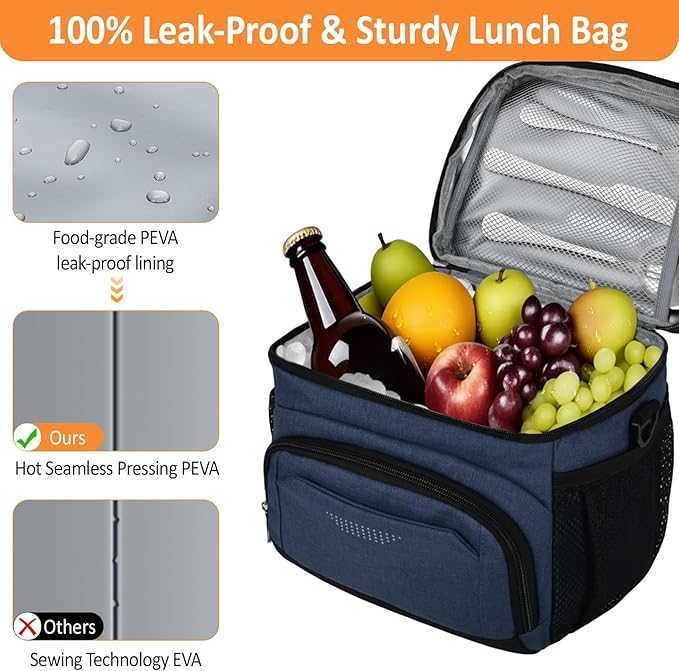 Vankor Large Insulated Lunch Bag for Men Women kids, Reusable Lunch Box kids Leakproof with Adjustable Shoulder Strap for Work Teacher School Picnic Beach Travel, Blue