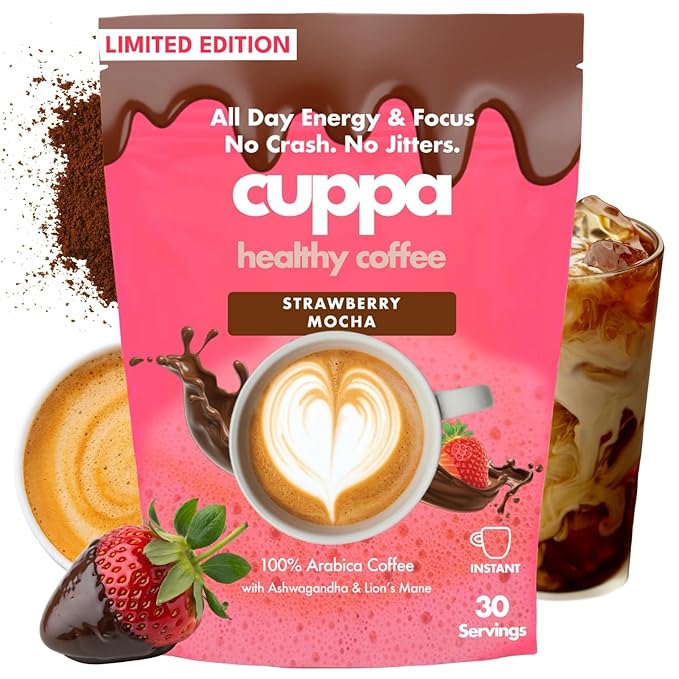 Cuppa Strawberry Mocha Mushroom Coffee with Adaptogens & Superfoods - Lion’s Mane, Ashwagandha & Cordyceps. Adaptogens + MCT to support natural energy, mental focus & gut health (30 Servings)