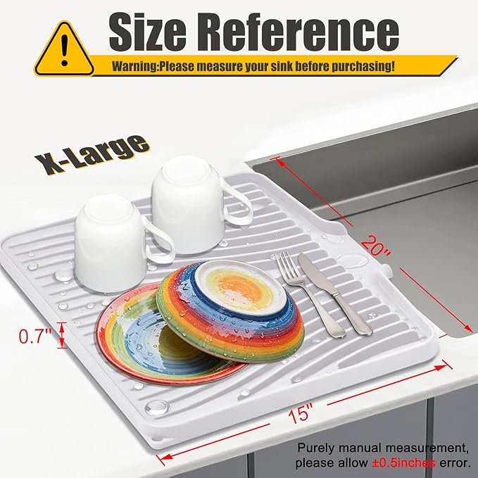 Silicone Dish Drying Mat, Large Dish Kitchen Drying Mat, White Heat Resistant Dish Drying Pad for Kitchen Counter with Built-in Drain (20" x 15")