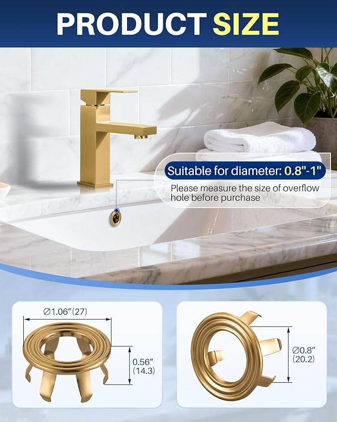 Sink Overflow Ring Brushed Gold: 2 Pack Solid Brass Bathroom Sink Overflow Trim Cover, Hole Insert Caps Replacement for Bathroom Kitchen Vanity Basin