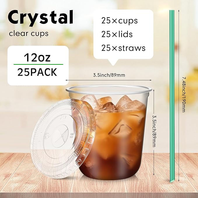 Baderke 25 Set Plastic Cups with Lids and Straws, Disposable Plastic Iced Coffee Cup for Cold Beverage Juice Smoothie Crystal for Coffee Shops Party Catering(Clear,12 oz)