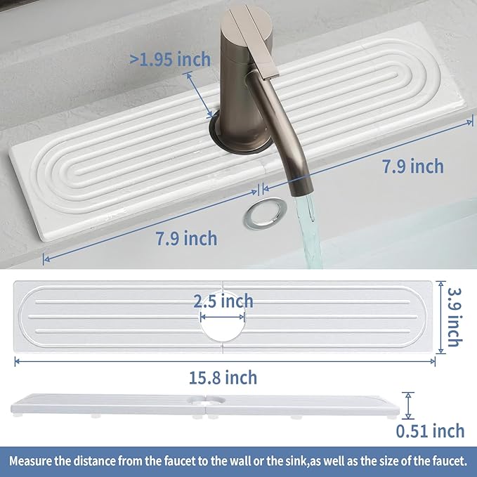 15.8"x3.9" Stone Faucet Mat for Kitchen Sink, Diatomite Quick Dry Kitchen Sink Splash Guard Water Absorbent Drying Mat, Drying Stone Sink Tray for Bathroom Counter, White