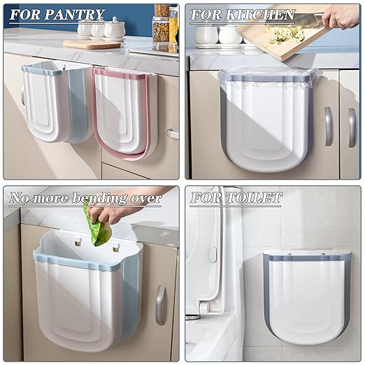 2 Pack Hanging Trash Can, 9L Collapsible Plastic Waste Bin for Cabinet Door, Wall Mounted 2.4 Gallon Foldable Small Wastebasket for Kitchen, Bathroom, Bedroom