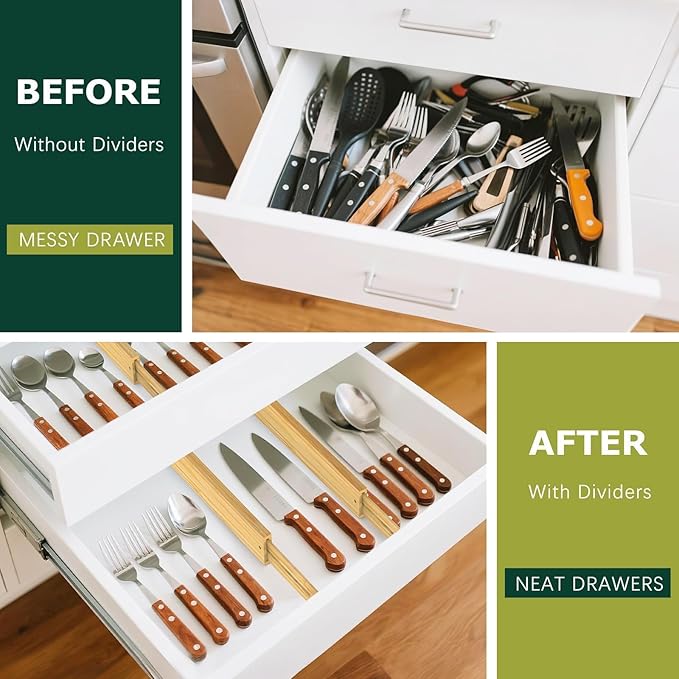 Lzerking Kitchen Drawer Dividers 6 Pack, 17-22" Adjustable Bamboo Drawer Organizers Large, Spring Loaded, Expandable Utensil Organizer, Works in Kitchen, Dresser, Closet, Bathroom, Bedroom