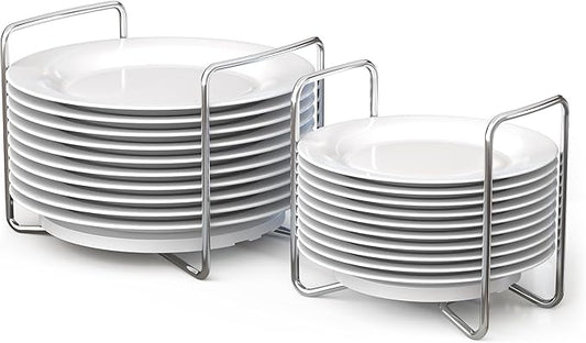 Adjustable Dish Rack for Kitchen Counter - Bamboo Plate Holder Organizer for Cabinet Wooden Bowl Organizer Stainless Steel Plate Stand Storage for Kitchen Drawer Countertop Cupboard Shelf RV
