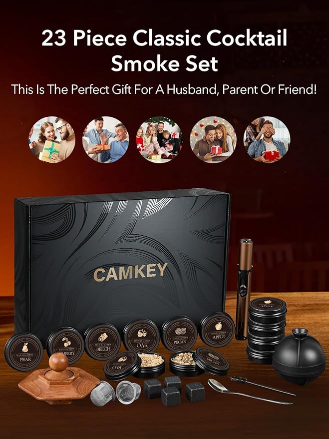 23Pcs Whiskey Smoker Kit with Torch-12 Wood Chips, Ice Ball Mold, Cocktail Smoker Infuser Kit, Old Fashioned Drink Smoker Kit, Birthday Bourbon Whiskey Gifts for Men,Dad,Him, Valentine's Day Gifts