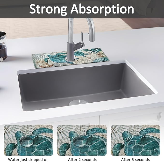 15" X 5.5" Kitchen Sink Splash Guard Faucet Mat Sea Turtles Super Absorbent Fast Drying Faucet Guard & Draining Mat Sink Splash Guard Behind Faucet for Kitchen, Bathroom