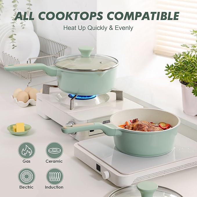 SENSARTE Ceramic Nonstick Saucepan with Double Pouring Spout 3.0 Quarts, Cooking Pot with Stay Cool Handle, Induction Compatible, Ceramic Coating, Free of Intentionally Added PFOA/PFAS, Green