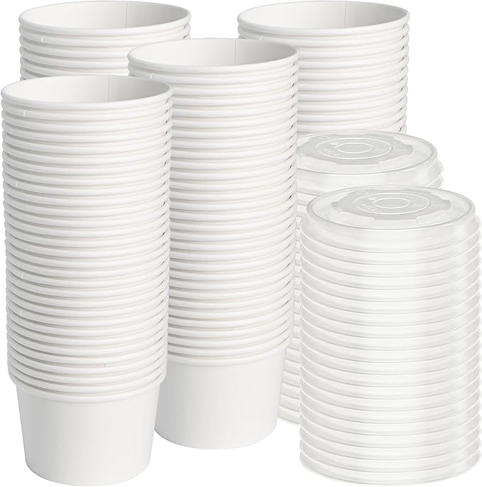 ESSENTIAL Paper Ice Cream Cups with Lids, 120pcs 8oz Disposable Dessert Bowls with Lids for Hot or Cold Food, Paper Snack Containers for Sundae, Frozen Yogurt, Soup (White)