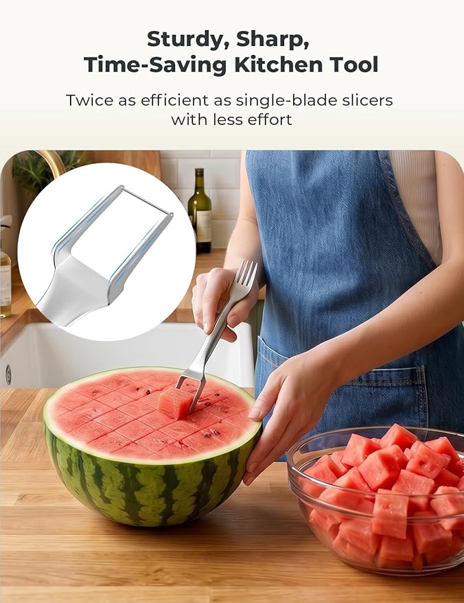 CripsTaste 2 Pack Watermelon Fork Cutter Slicer Tool, 2-in-1 Stainless Steel Fruit Cutter Melon Slicer Cutter Tool, Watermelon Cutting Tool for Home Party Camping Kitchen Gadget