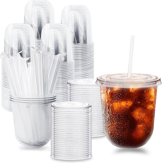 Alaeseje 100 Pack Clear Plastic Cups with Lids and Straws,12 oz Disposable Iced Coffee Cups,PET Crystal Cups,Round Bottom To Go Cup for Iced Coffee Juice Smoothie Cold Beverage
