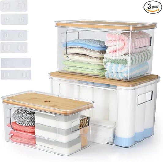 OTraki 3 Pack Trash Bag Holder Dispenser with Lid Plastic Garbage Bag Dispenser Stackable & Wall-mounted, Trash Bags Organizer Under Sink for Kitchen, Pantry Cabinet Organizer and Storage
