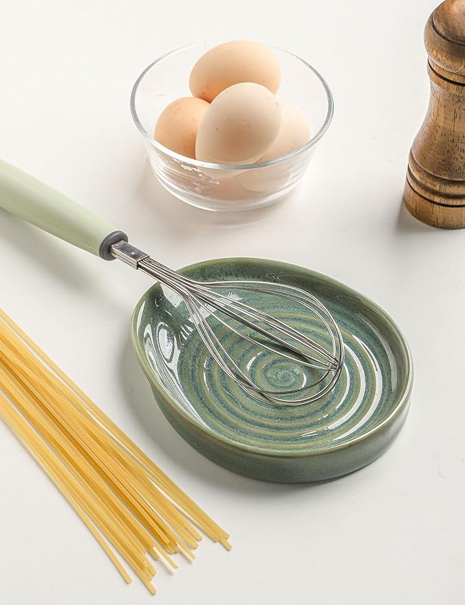 Ceramic Spoon Rest for Stove Top, Spoon Holder for Kitchen Counter, Farmhouse Cooking Utensil Holder for Spoons, Ladles, Spatula, Glazed Green