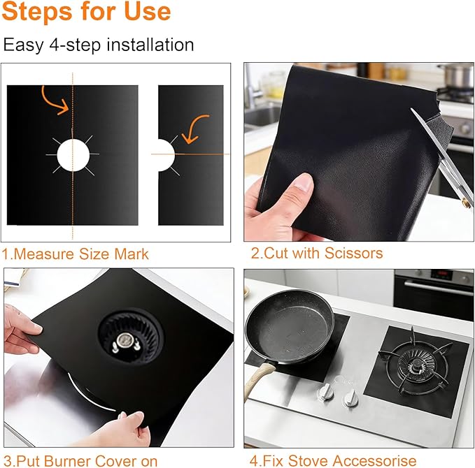 Stove Burner Covers 10 Pack, 10.6x10.6 Inch Gas Stove Top Covers, Non-Stick reusable Burner Liners, Cuttable Protectors for Easy Clean Kitchen Accessories, Black