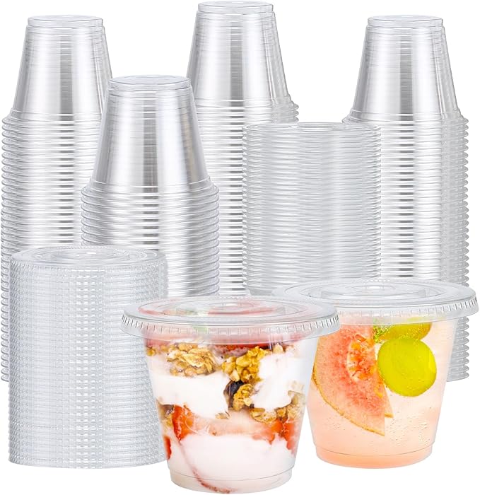 Clawsoff 200 Pack 9 oz Plastic Cups with Flat Lids, Clear Parfait Cups No Hole, Disposable Dessert Cup, Putting Cup for Cold Drink, Ice Cream, Fruit, Salad